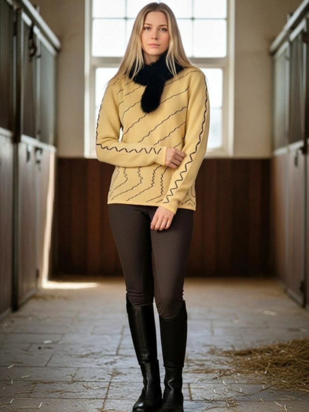 Abstract Pattern Sweater in Yellow & Black Like New Detachable Fur Collar